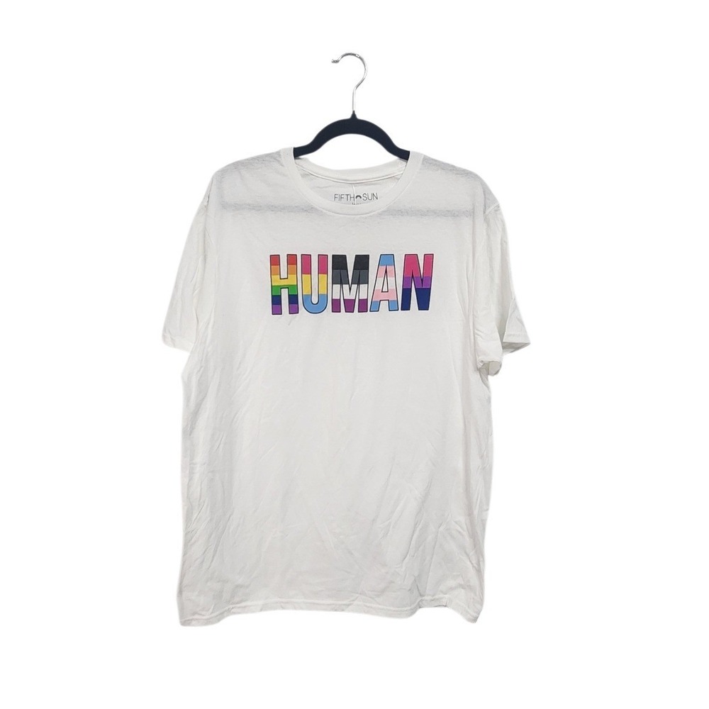 Fifth Sun Mens Large White HUMAN LGBTQ Pride Flag Graphic T-Shirt Cotton Tee